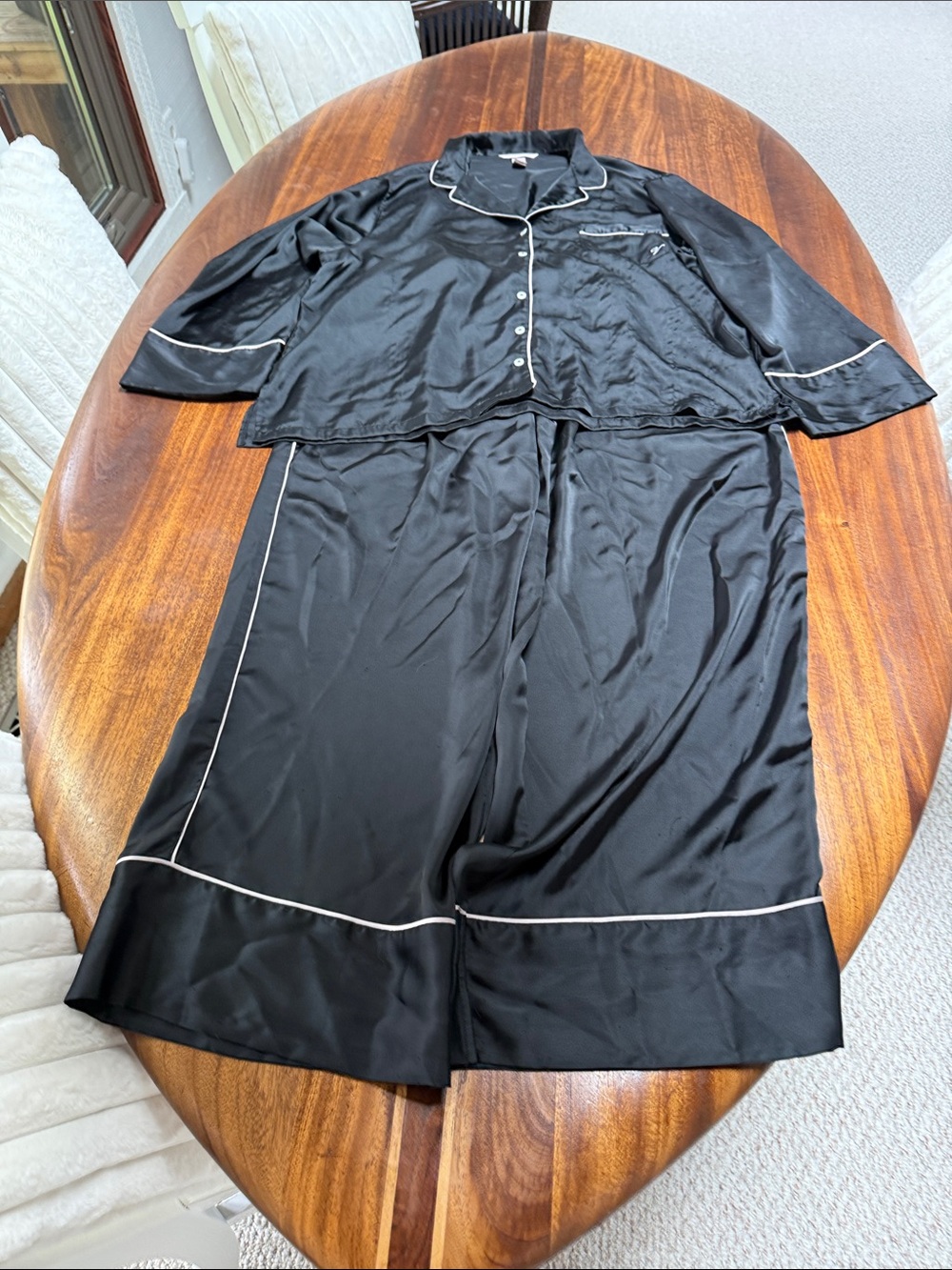 Victoria’s Secret classy Black Satin Two-Piece Pajama Set with White Piping